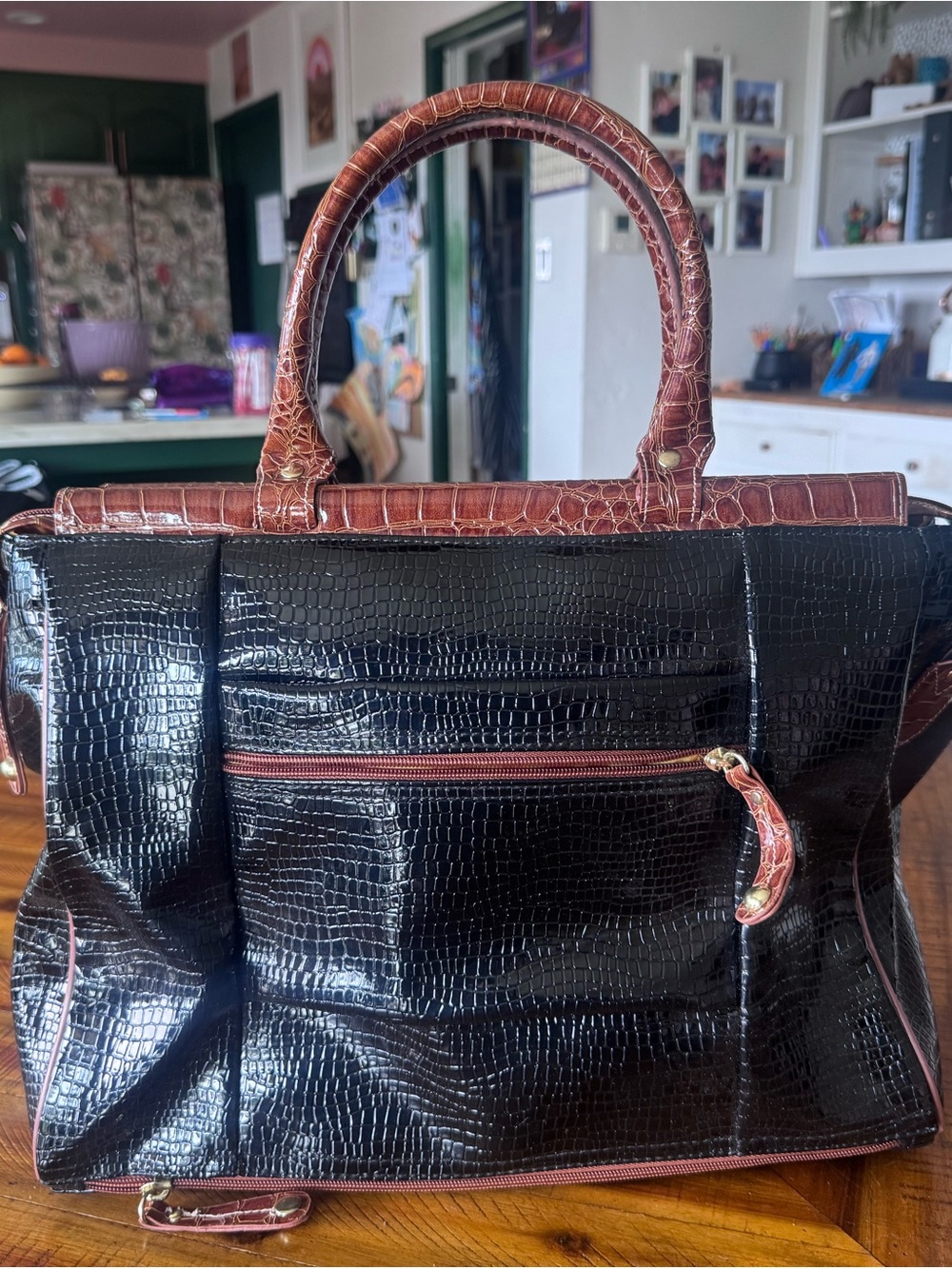 Samantha Brown Croc-Embossed Black Weekender Bag with Brown Trim - Picture 9 of 12